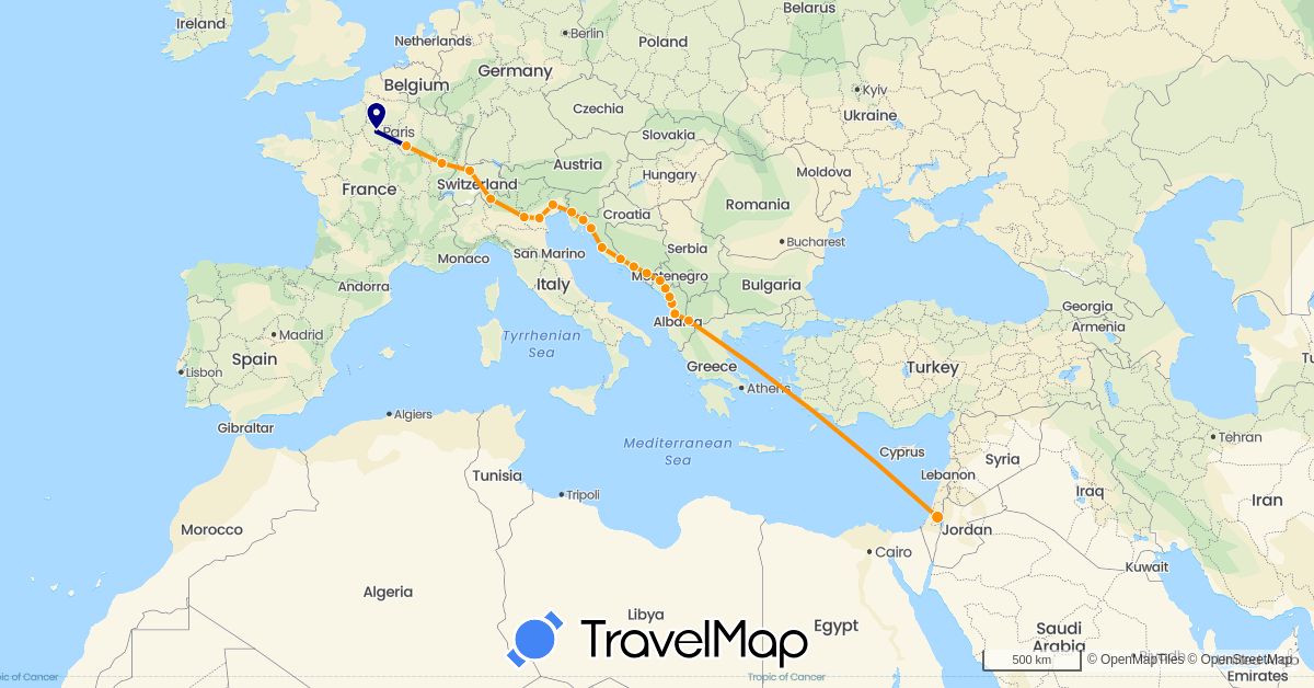 TravelMap itinerary: driving, hitchhiking in Albania, Bosnia and Herzegovina, Switzerland, France, Croatia, Israel, Italy, Montenegro (Asia, Europe)